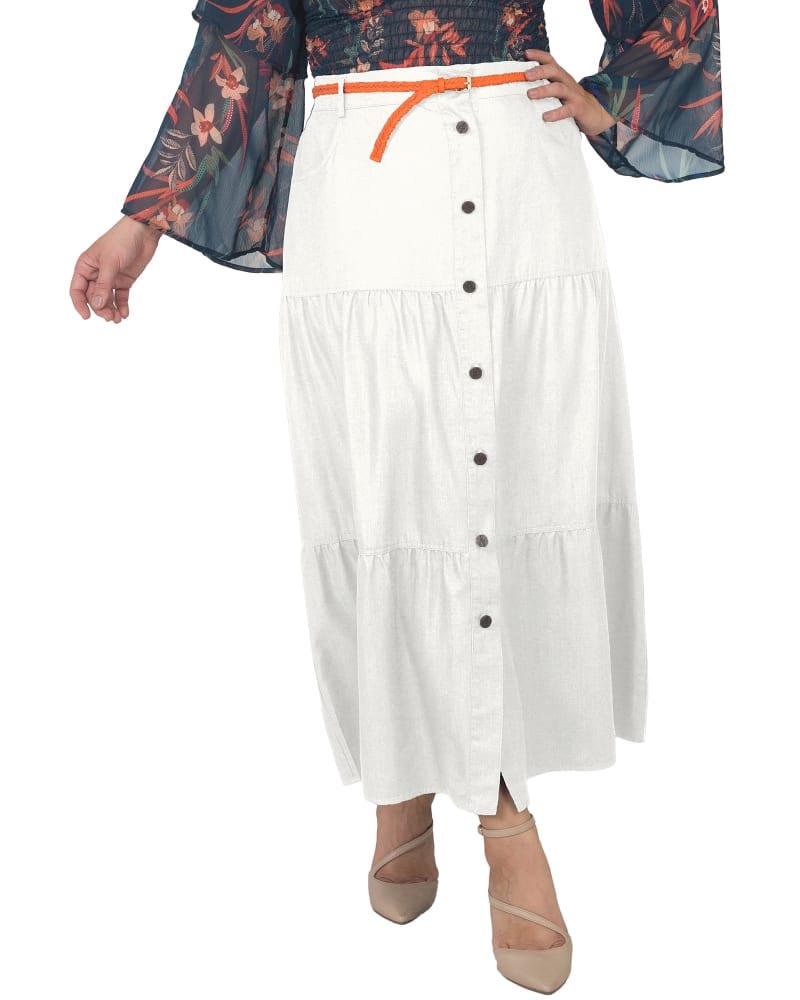 Front of a model wearing a size 14 Audrey Maxi Peasant Skirt in OFFWHITE by Standards & Practices. | dia_product_style_image_id:276073